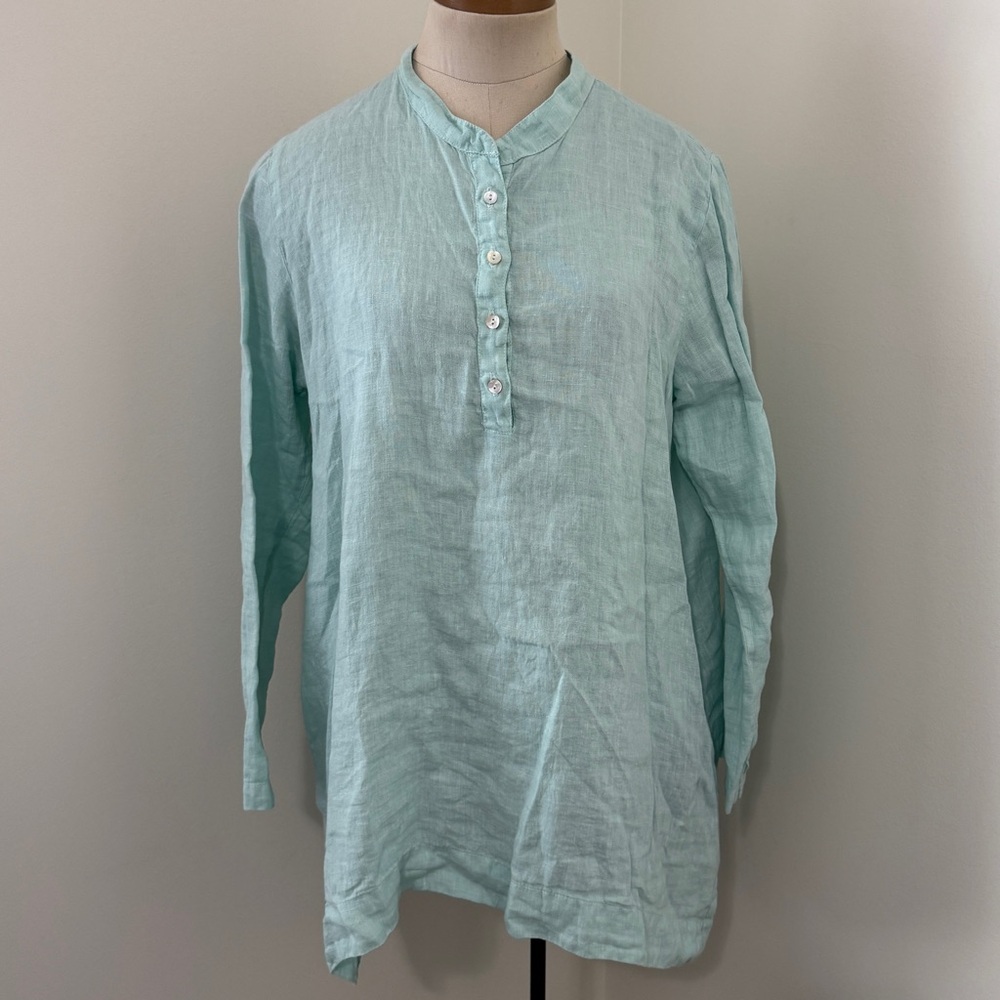 Ex Voto Medium 100% Linen Aqua Tunic Top ~ Pockets Long Sleeve Lagenlook